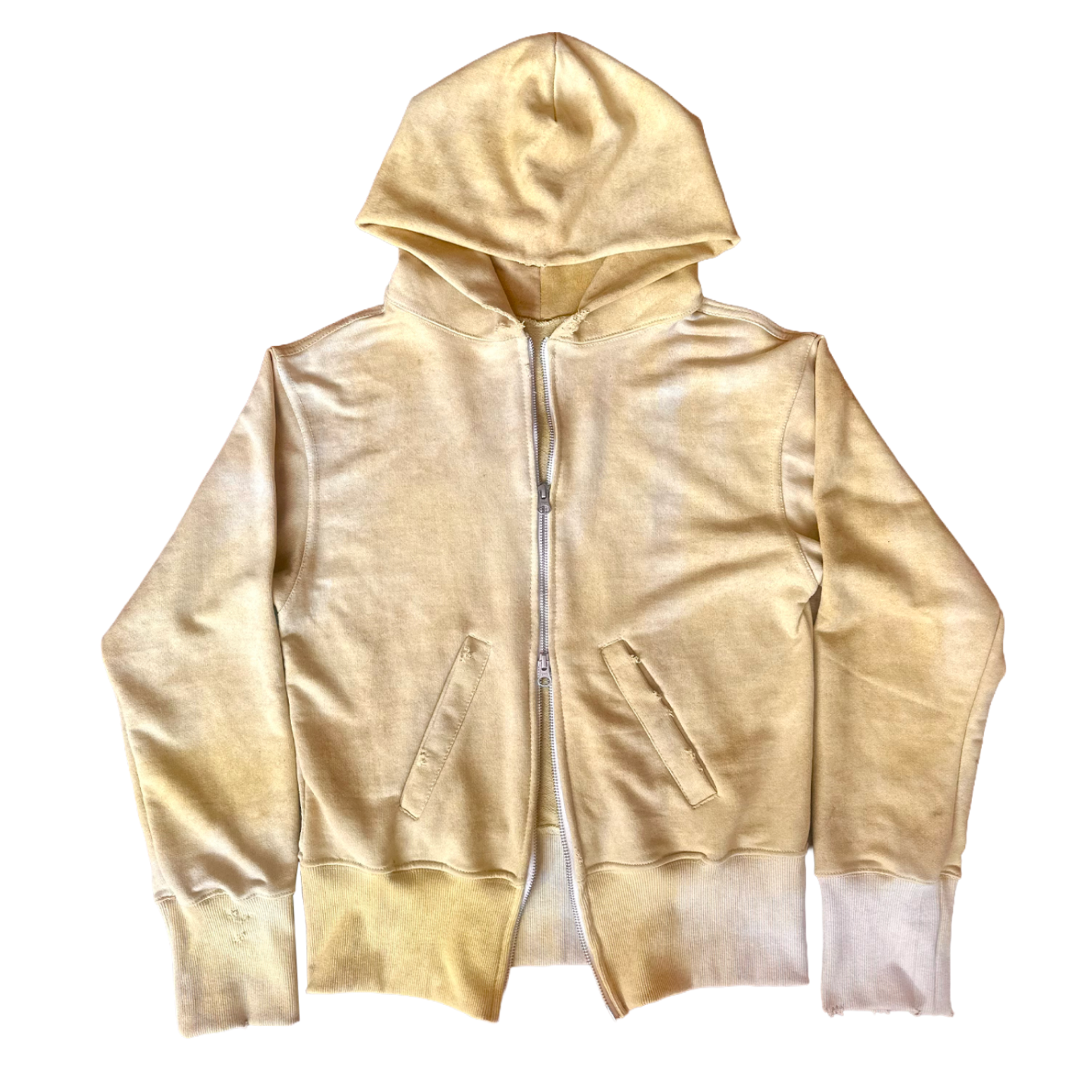 A metallic gold zip-up hoodie with a front zipper, drawstring hood, and two diagonal welt pockets, shown flat against a solid white background.